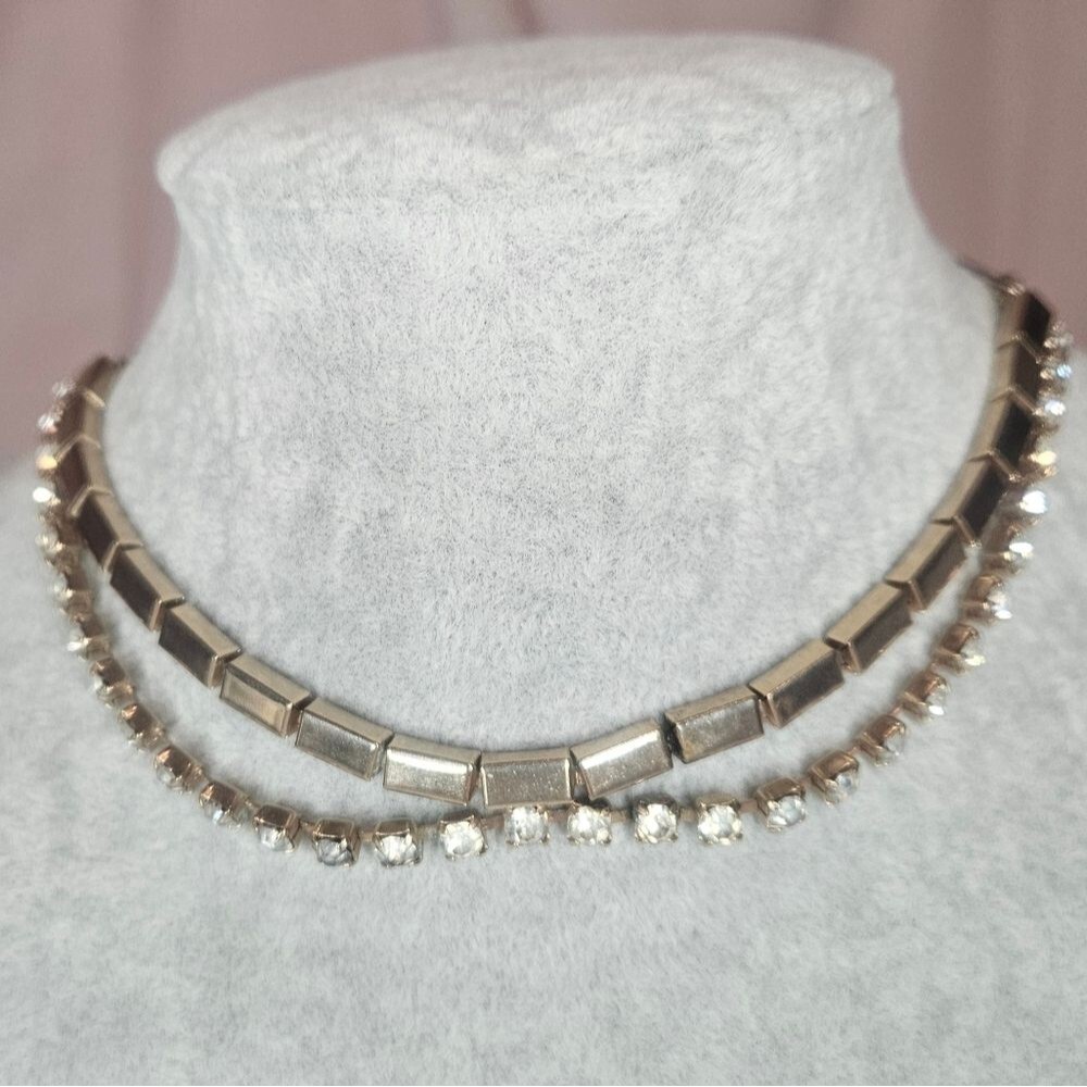 Vintage Clear Rhinestone Choker Necklace Silver Tone Shepherds Hook Closure